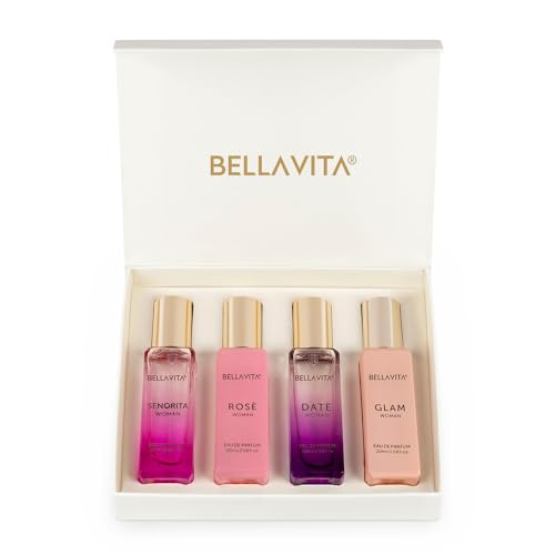 Bella Vita Luxury Eau De Parfum Set for Women (4x20 mL) with Date, Senorita, Glam, Rose | Vanilla, Floral, Sweet, Musk | Perfect for trials, gifting, or blending to craft your unique fragrance Bella Vita Luxury