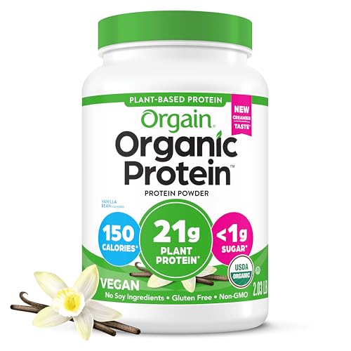 Orgain Organic Vegan Protein Powder, Vanilla Bean - 21g Plant Protein, 6g Prebiotic Fiber, No Lactose Ingredients, No Added Sugar, Non-GMO, For Shakes & Smoothies, 2.03 lb (Packaging May Vary) Orgain