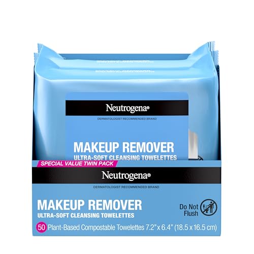 Neutrogena Makeup Remover Wipes, Ultra-Soft Cleansing Facial Towelettes for Waterproof Makeup, Alcohol-Free, Plant-Based, Twin Pack, 25 Count (Pack of 2) Neutrogena