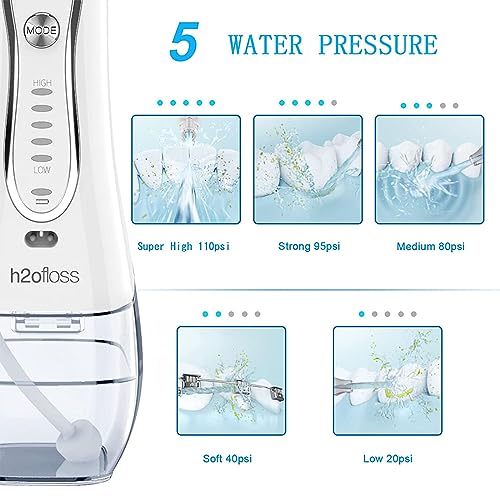 H2ofloss Water Dental Flosser Portable Dental Oral Irrigator with 5 Modes, 6 Replaceable Jet Tips, Rechargeable IPX7 Waterproof Teeth Cleaner for Home and Travel -300ml Detachable Reservoir (HF-6) H2ofloss