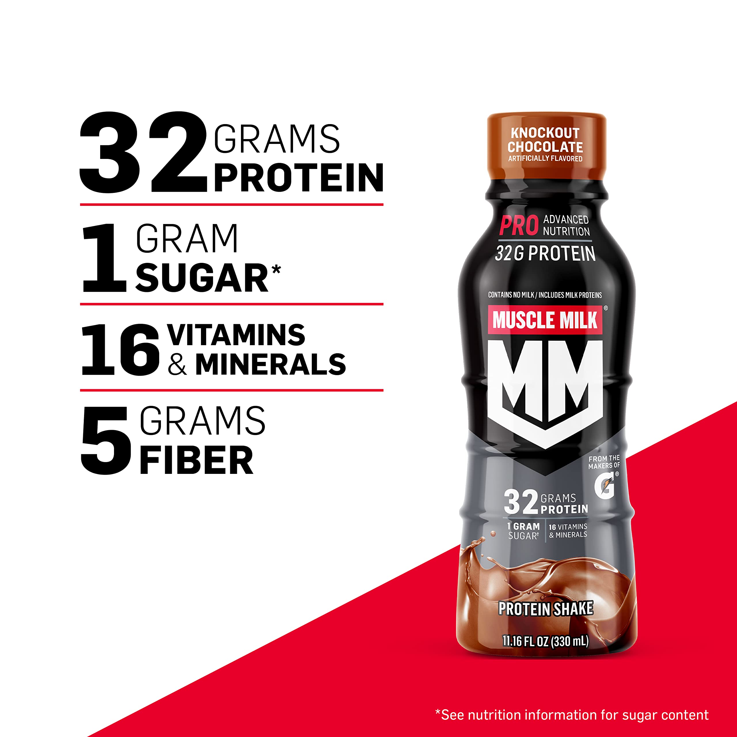 Muscle Milk Pro Advanced Nutrition Protein Shake, Knockout Chocolate, 11.16 Fl Oz (Pack of 12), 32g Protein, 1g Sugar, 16 Vitamins & Minerals, 5g Fiber, Workout Recovery, Energizing Snack, Packaging May Vary Muscle Milk