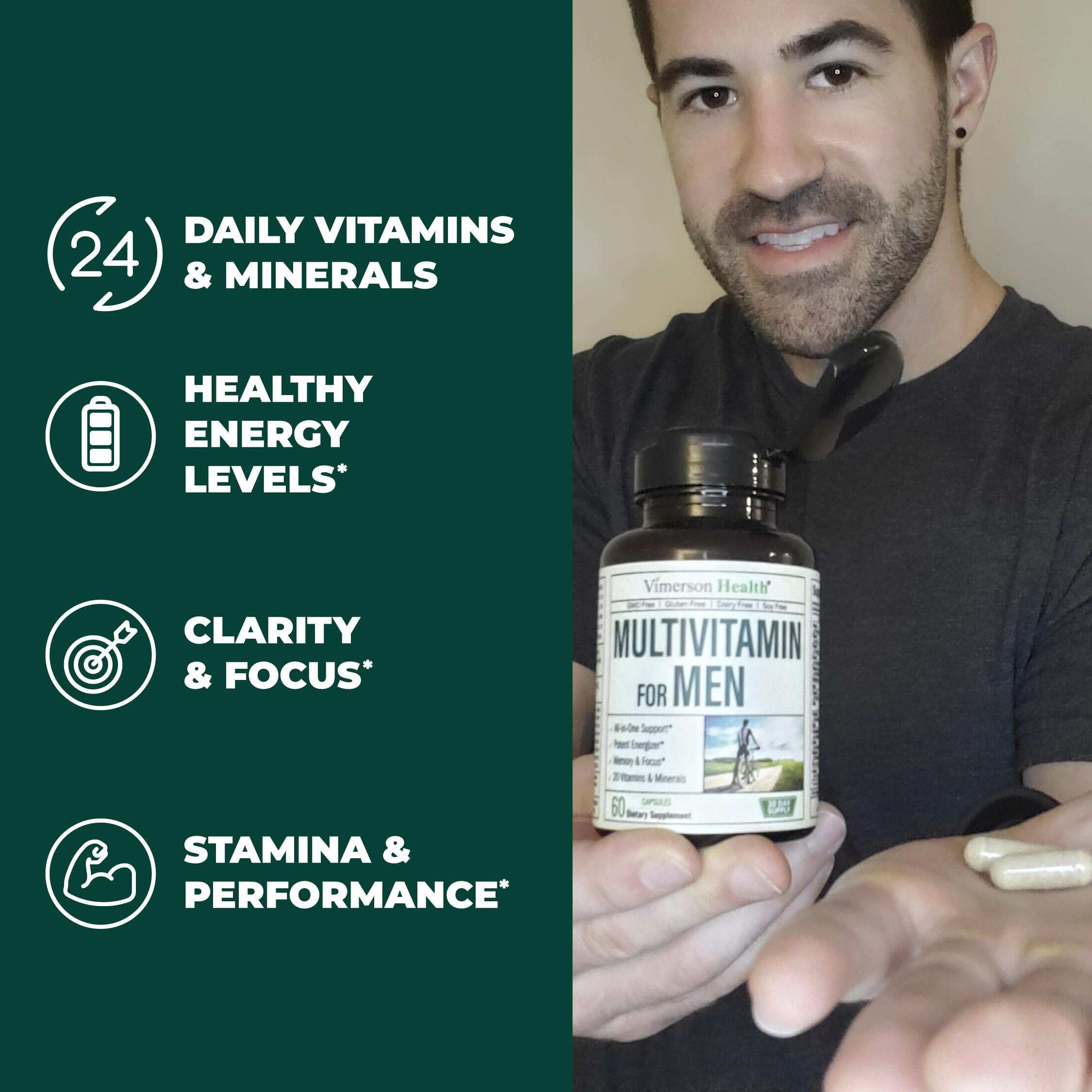 Multivitamin for Men - Daily Mens Multivitamins & Multiminerals Supplement for Energy, Focus and Performance. Mens Vitamins A, C, D, E & B12, Zinc, Calcium, Magnesium & More. Multi Vitamin Capsules Vimerson Health