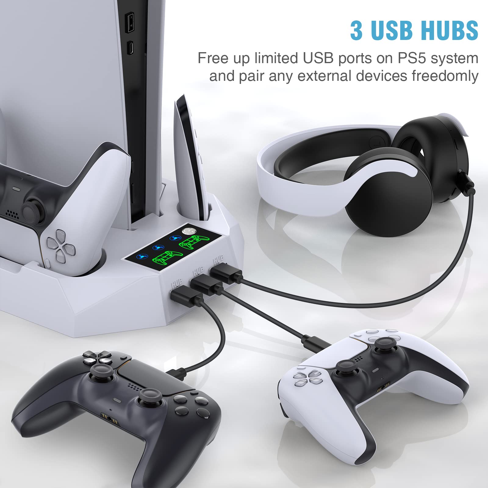 PS5 / PS5 Slim Stand and Cooling Station with Dual Controller Charging Station for PlayStation 5 Console, PS5 Accessories Incl. Controller Charger, Cooling Fan, Headset Holder, 3 USB Hub, Screw-White CYKOARMOR