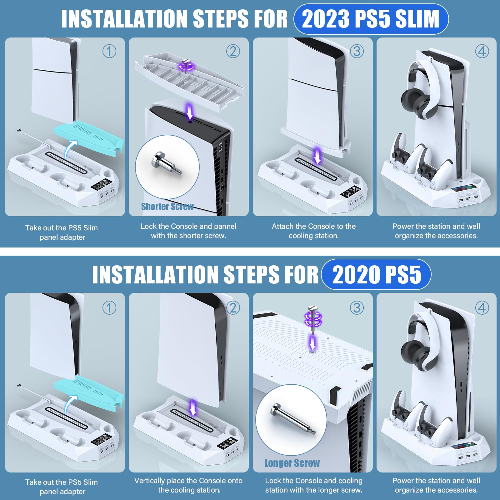 PS5 / PS5 Slim Stand and Cooling Station with Dual Controller Charging Station for PlayStation 5 Console, PS5 Accessories Incl. Controller Charger, Cooling Fan, Headset Holder, 3 USB Hub, Screw-White CYKOARMOR