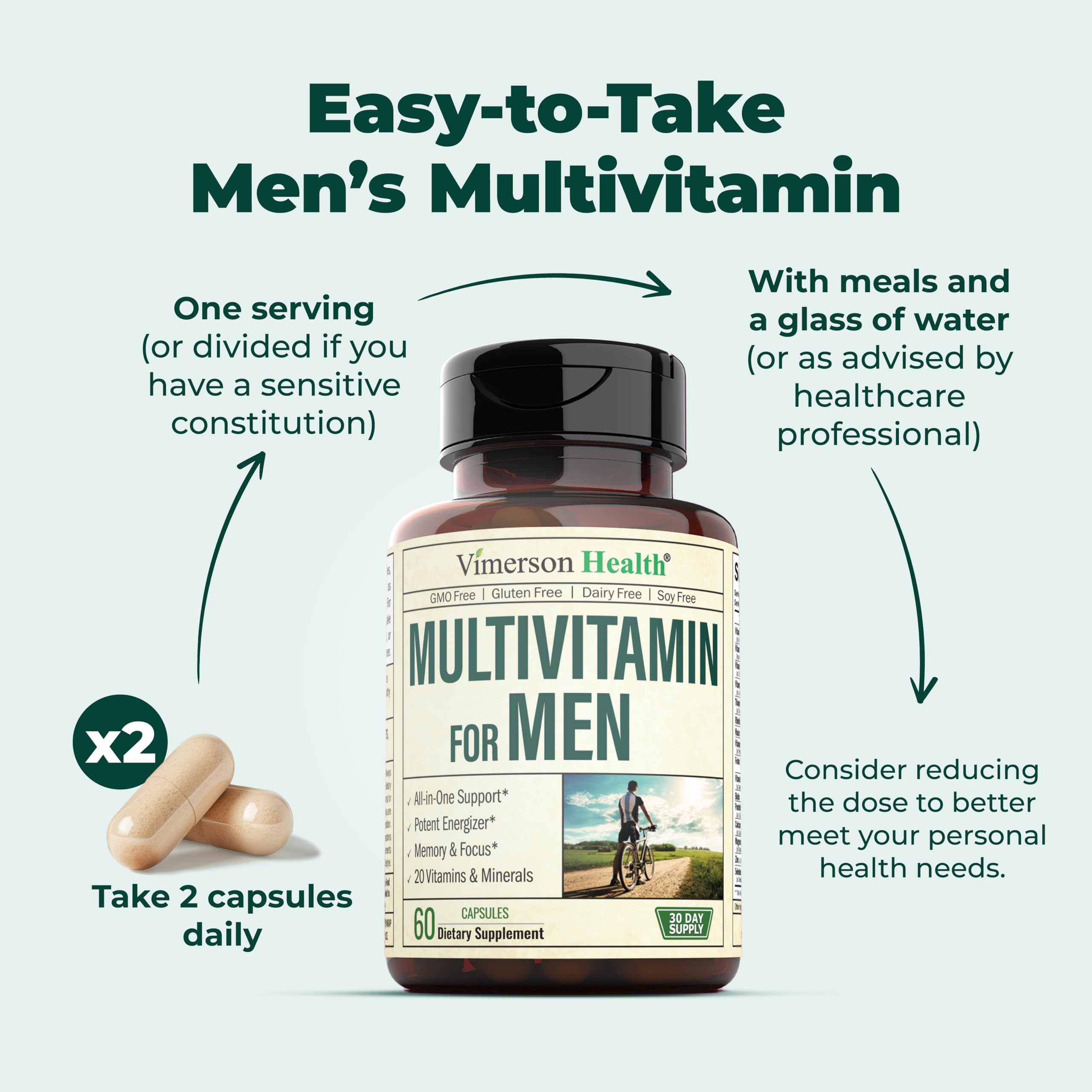 Multivitamin for Men - Daily Mens Multivitamins & Multiminerals Supplement for Energy, Focus and Performance. Mens Vitamins A, C, D, E & B12, Zinc, Calcium, Magnesium & More. Multi Vitamin Capsules Vimerson Health